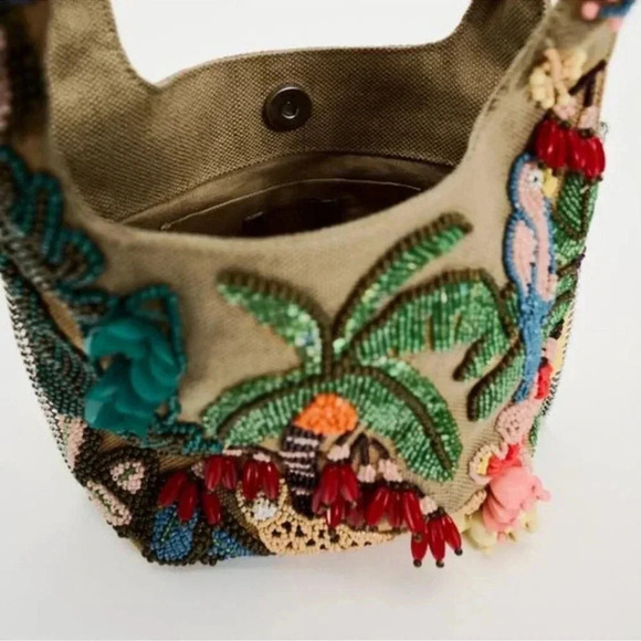NWT Zara Beaded Mini Bucket Bag Canvas Jungle Tropical Animal 6525/310 - Picture 5 of 15